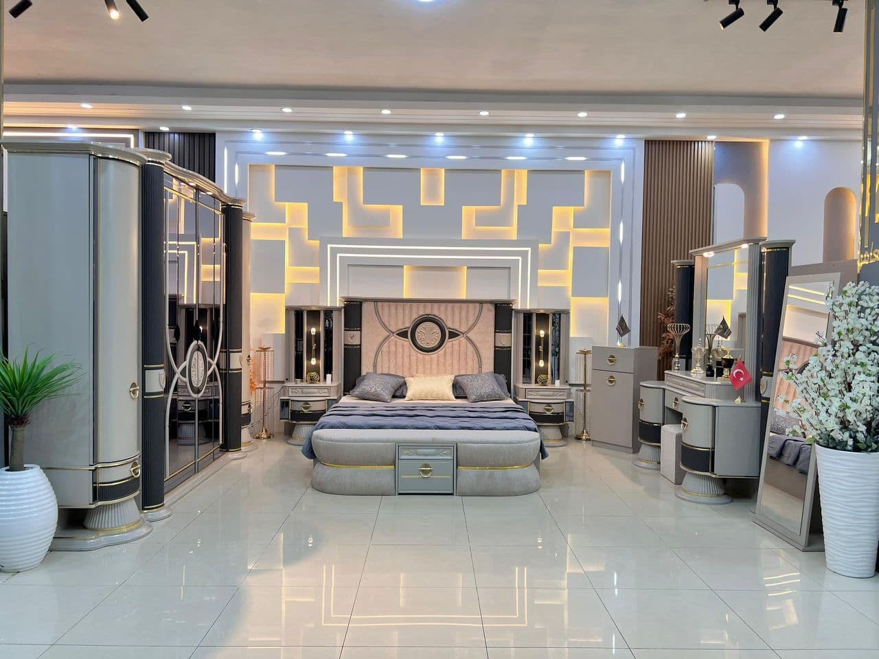 V Logo Gray-Gold Luxury Bedroom Set