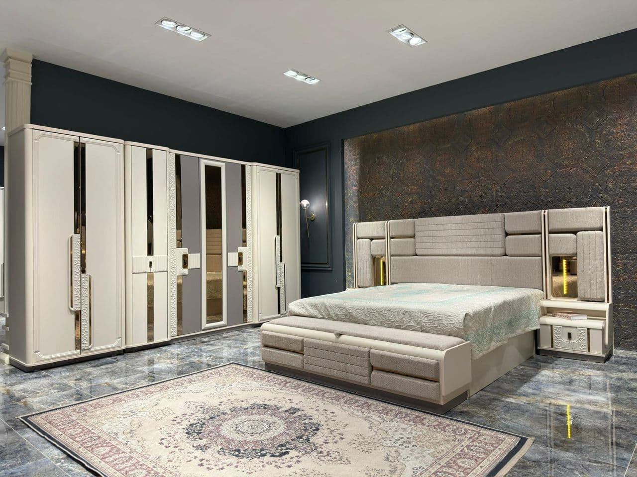 Modern Ivory White Engraved Bedroom Set